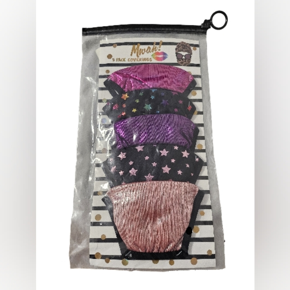 Mwah! Face Coverings, 5-Pack, Metallic Pink and Purple with Stars, Fashion Masks